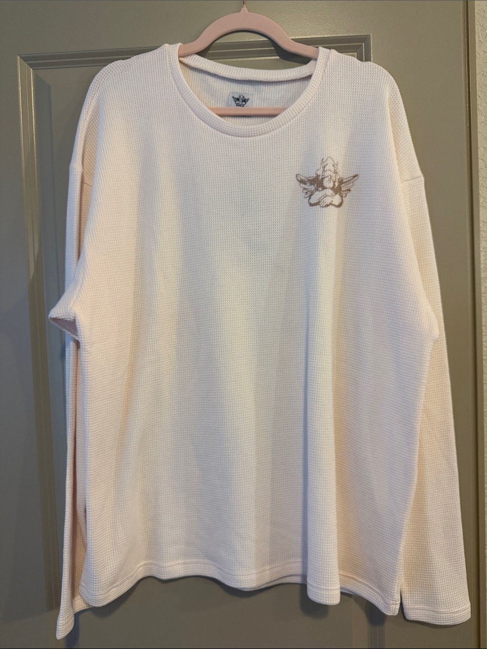Boys Lie Waffle Knit Long Sleeve Top with Angel Embroidery - Cream